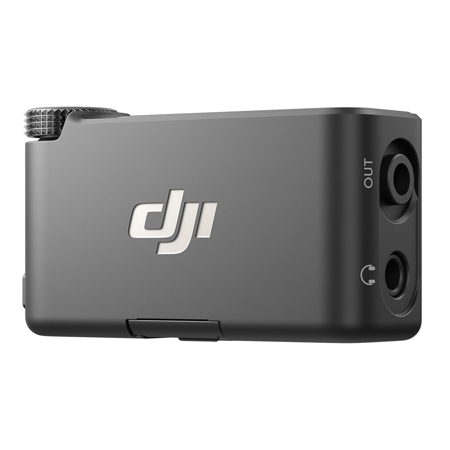 DJI Mic 3 Receiver trådløs mikrofonmodtager 1 RX sort, to porte med OUT og hovedtelefon-logo, rillet hjul øverst til venstre.