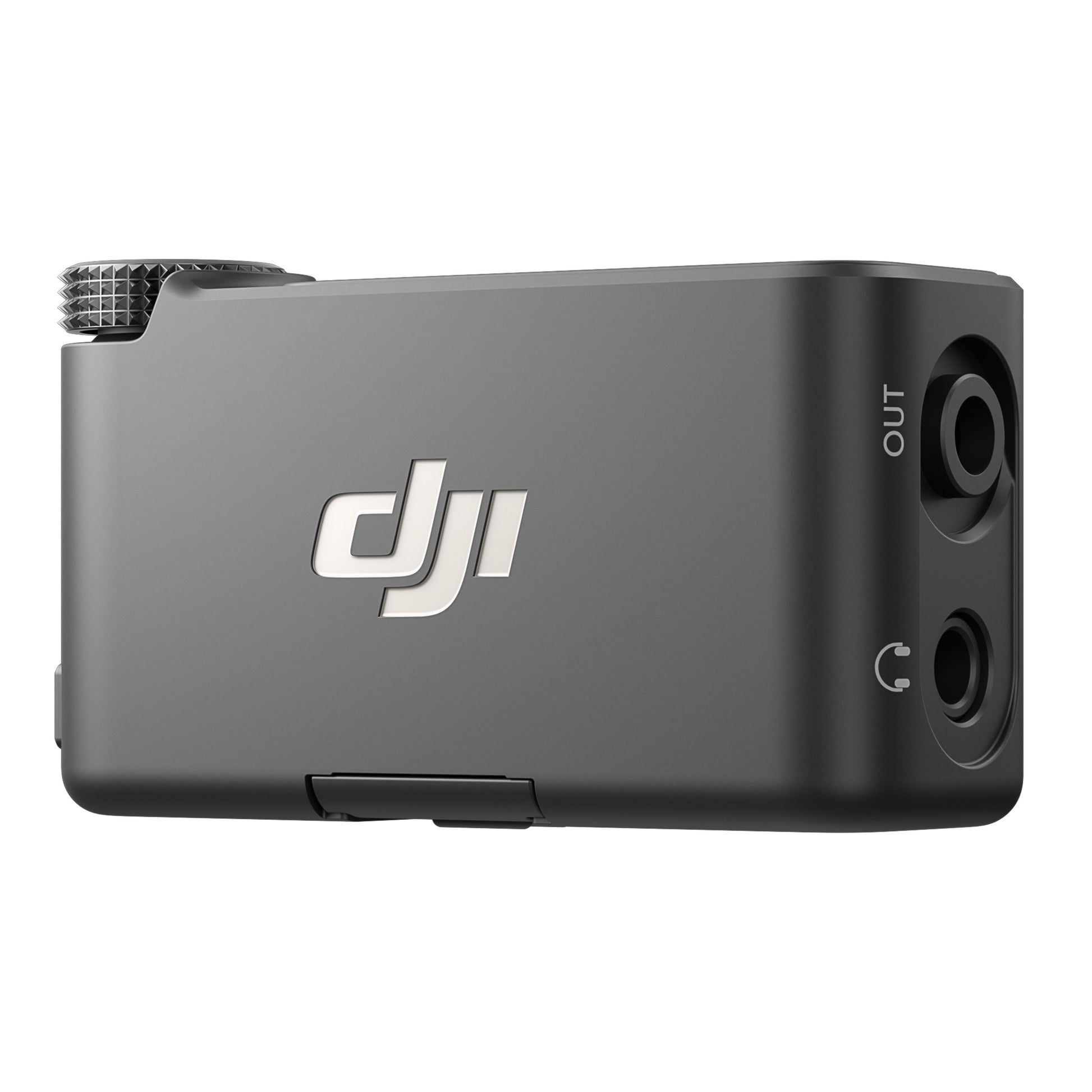 DJI Mic 3 Receiver trådløs mikrofonmodtager 1 RX sort, to porte med OUT og hovedtelefon-logo, rillet hjul øverst til venstre.