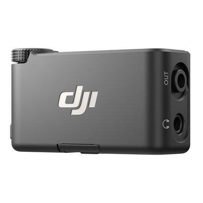 DJI Mic 3 Receiver trådløs mikrofonmodtager 1 RX sort, to porte med OUT og hovedtelefon-logo, rillet hjul øverst til venstre.