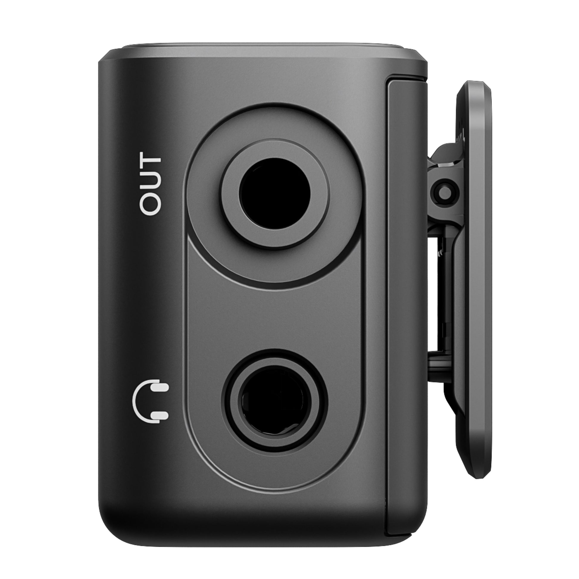 DJI Mic 3 Receiver trådløs mikrofonmodtager sort, side med to lodret stablede OUT-porte og flip-ud panel til højre.