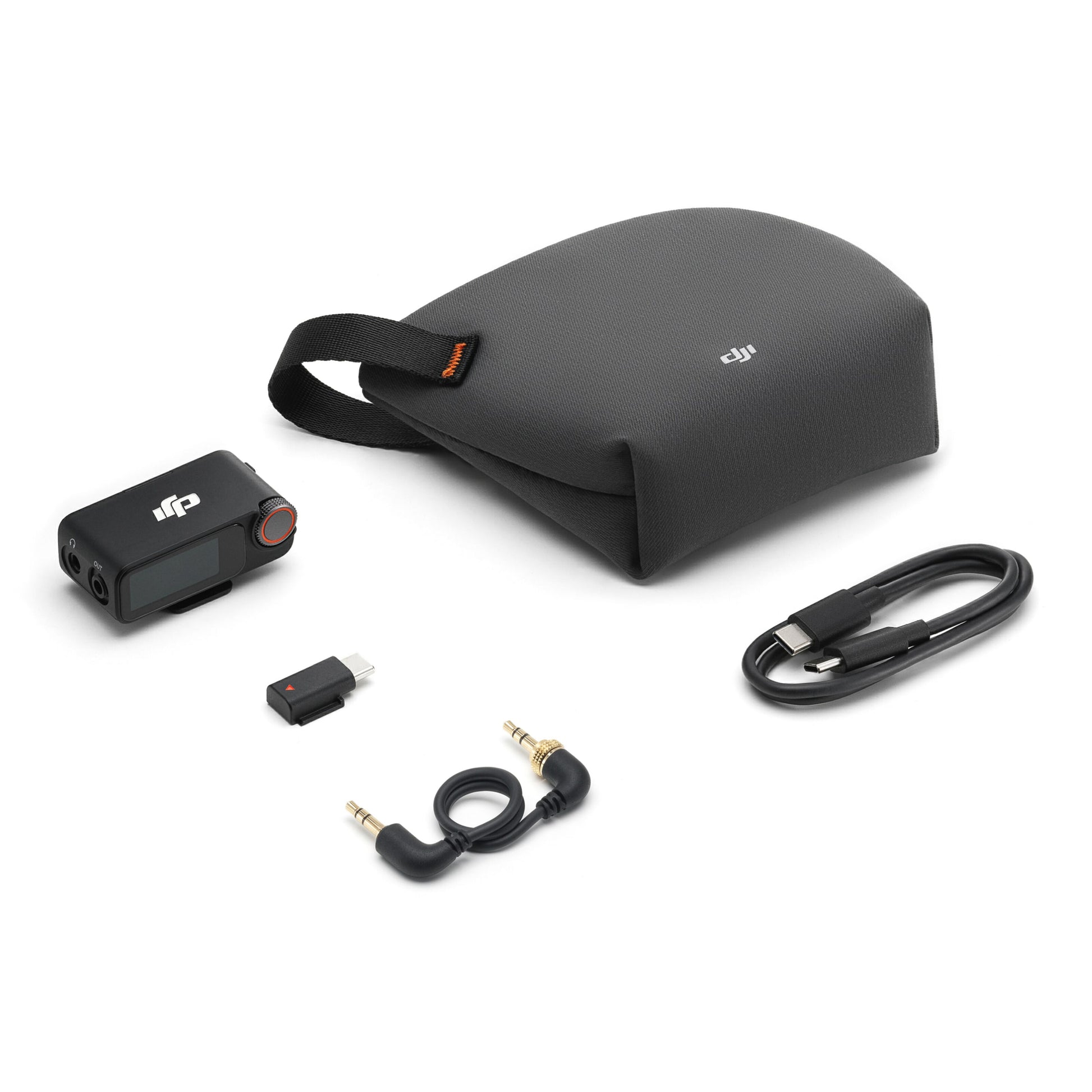 DJI Mic 3 Receiver trådløs mikrofonmodtager 1 RX med opladningsetui, USB-C kabel, adapter og audiokabel.