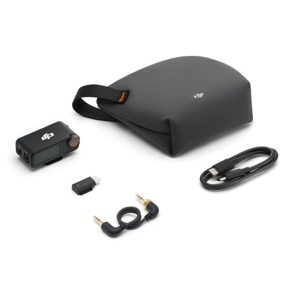 DJI Mic 3 Receiver trådløs mikrofonmodtager 1 RX med opladningsetui, USB-C kabel, adapter og audiokabel.