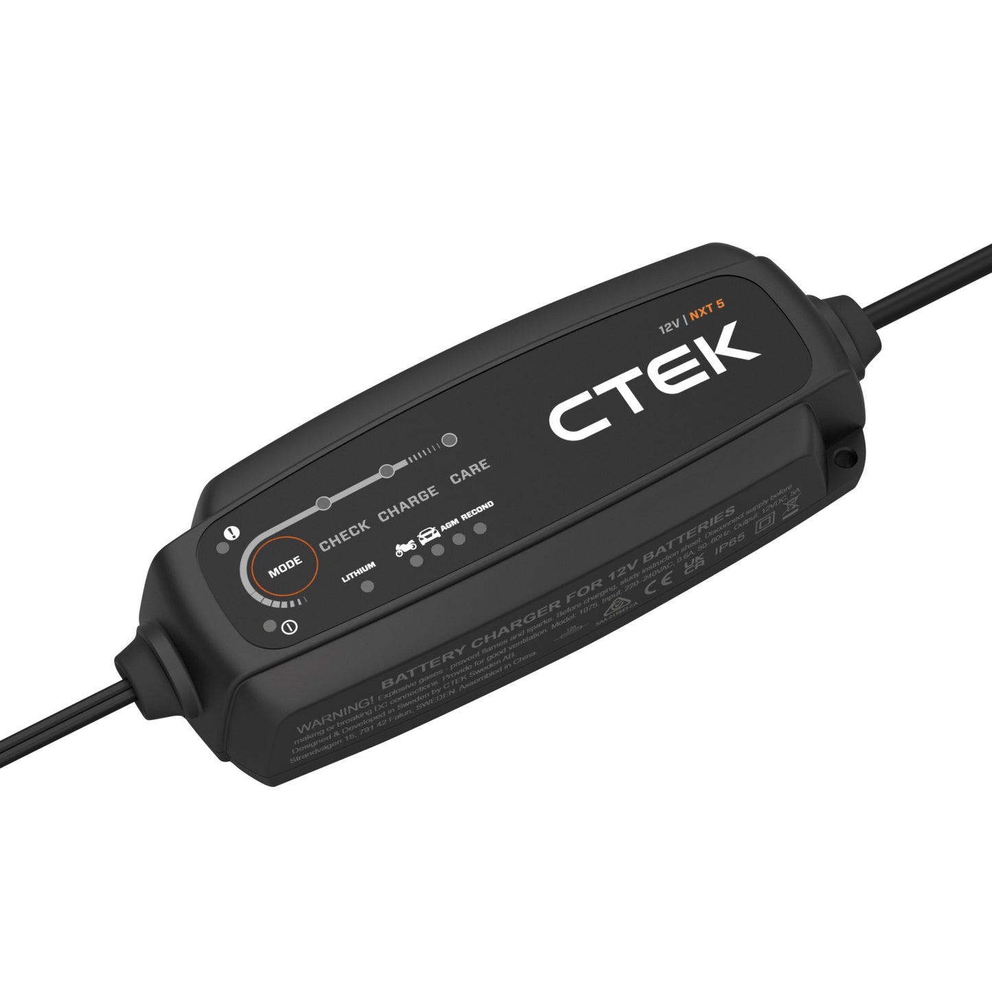 Ctek NXT 5 Smart batterioplader 12V 5A sort med indikatorlys, modeknap og kabler i begge ender.