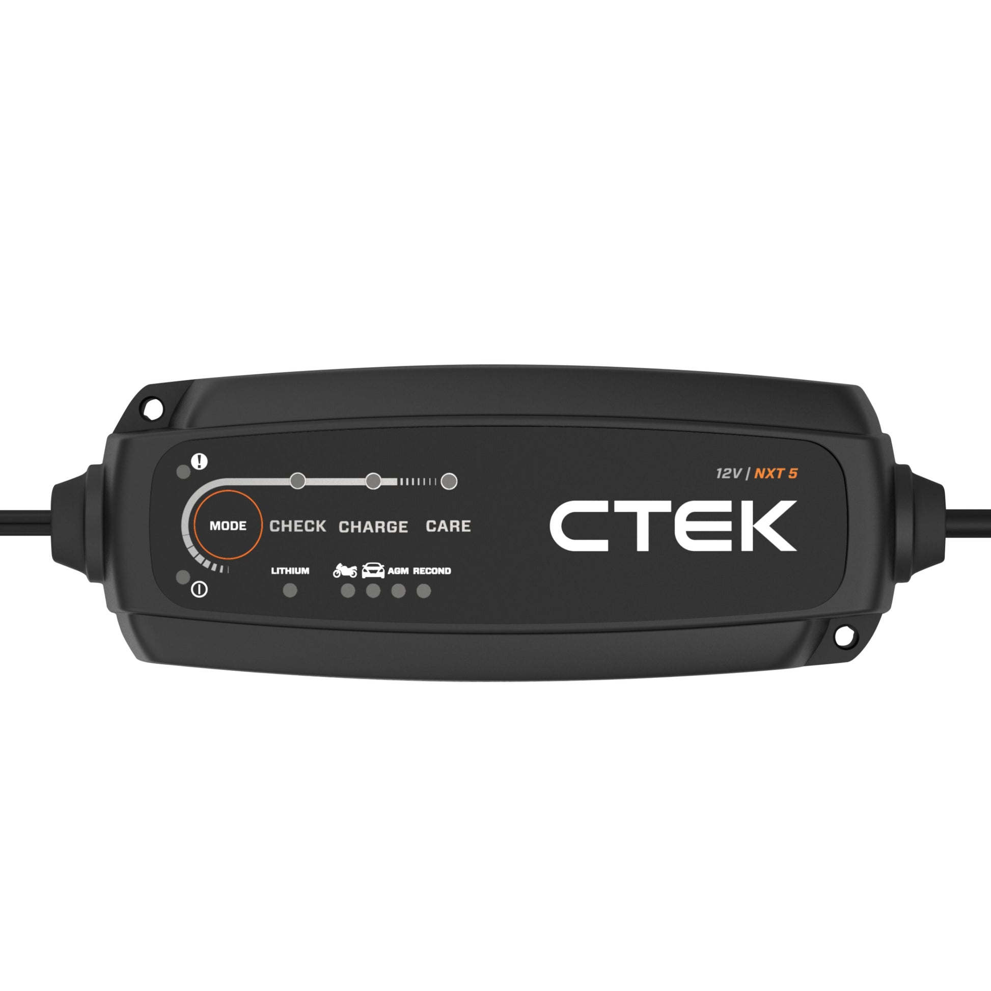 Ctek NXT 5 Smart batterioplader 12V 5A sort med indikatorlys, knapper mode/check/charge/care, kabler i begge sider, "12V NXT 5.