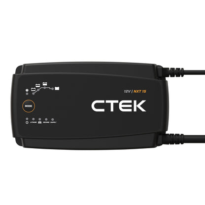Ctek NXT 15 Smart batterioplader 12V 15A med MODE-knap, indikatorikoner, Lithium/Recond/Supply modes og faste kabler.