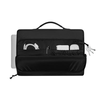 Gaston Luga Däsh polstret dokumentmappe, 16″ computertaske i sort med plads til bærbar computer, kabler, adaptere og nøgler, fremstillet af genanvendt polyester.