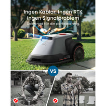 Eufy E18 robotplæneklipper på græs med svensk tekst om app-styring og trådløs drift, røde X'er over kabler.