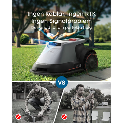 Eufy E18 robotplæneklipper på græs med svensk tekst om app-styring og trådløs drift, røde X'er over kabler.