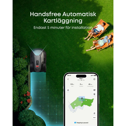 Eufy E18 robotplæneklipper med app-styring på smartphone, svensk tekst om hurtig installation og håndfri brug.