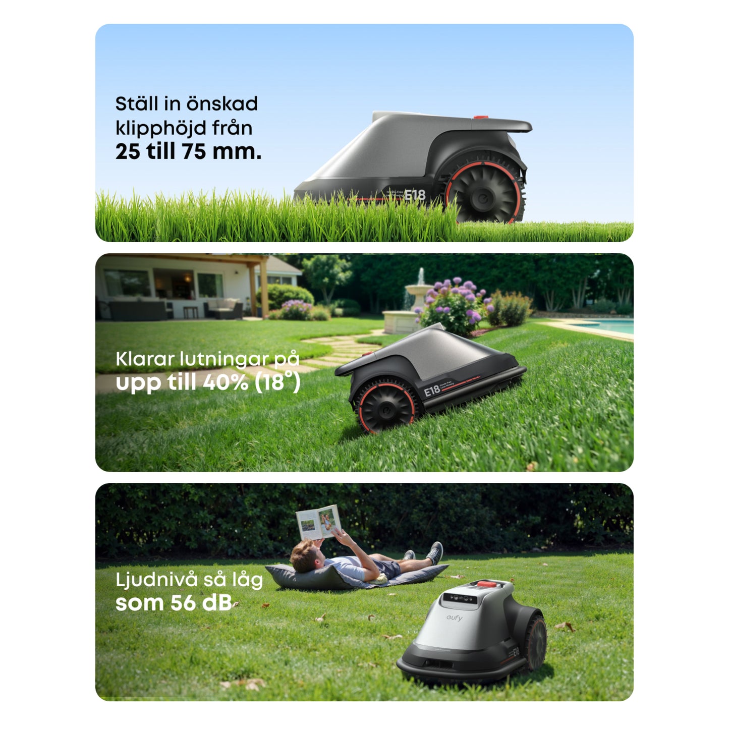Eufy E18 robotplæneklipper på græs, app-styring, justerbar klippehøjde 25-75 mm, klarer 40  stigning, 56 dB.