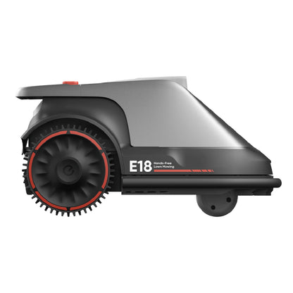 Eufy E18 robotplæneklipper, sort og grå, sideview, store hjul med rød detalje, app-styring.