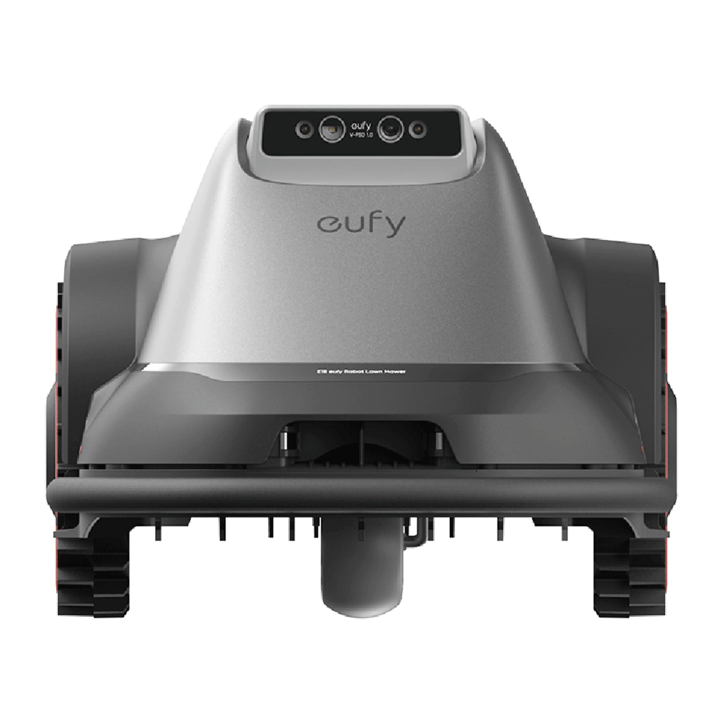 Eufy E18 robotplæneklipper grå, front med dobbeltkamera, topsensorer, brede sorte bånd og Eufy-logo over kontrolpanel.