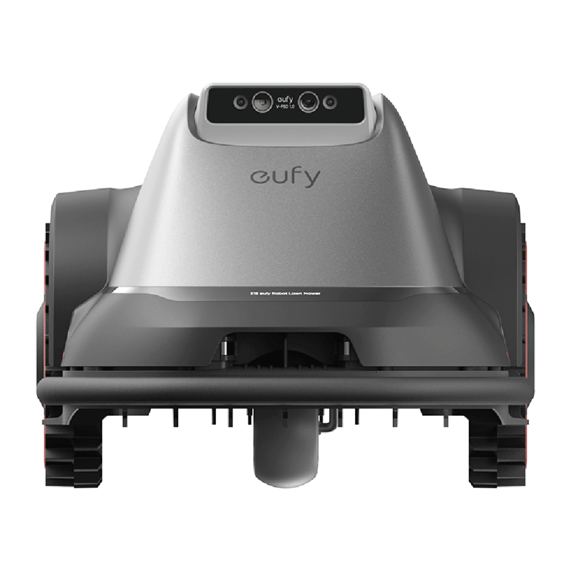 Eufy E18 robotplæneklipper grå, front med dobbeltkamera, topsensorer, brede sorte bånd og Eufy-logo over kontrolpanel.