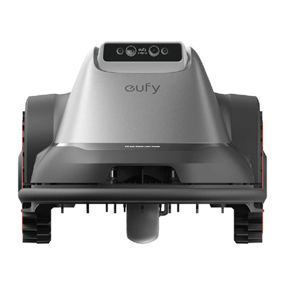 Eufy E18 robotplæneklipper grå, front med dobbeltkamera, topsensorer, brede sorte bånd og Eufy-logo over kontrolpanel.