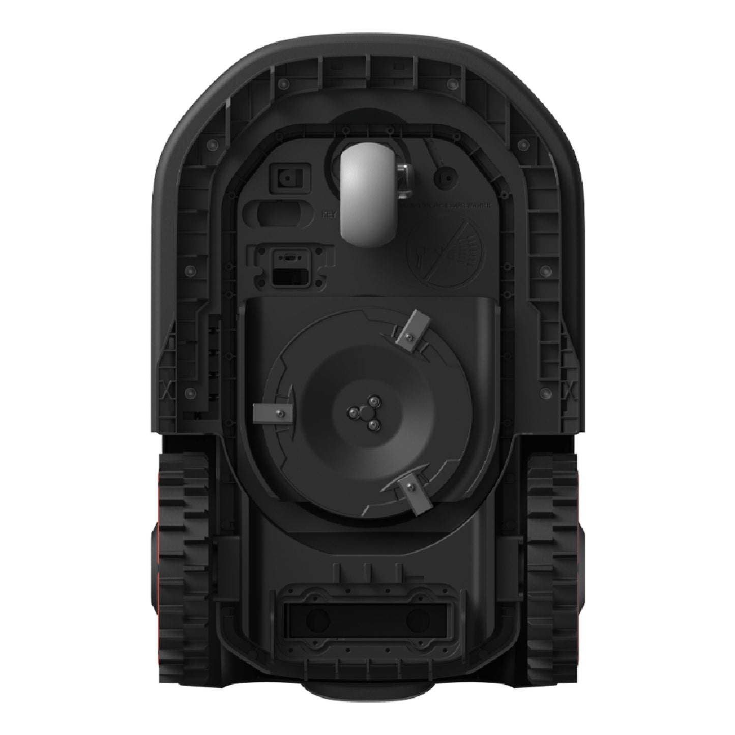 Eufy E18 robotplæneklipper bundt med klingen, forhjul, sidehjul, ladepunkter, sensorer og app-styring.