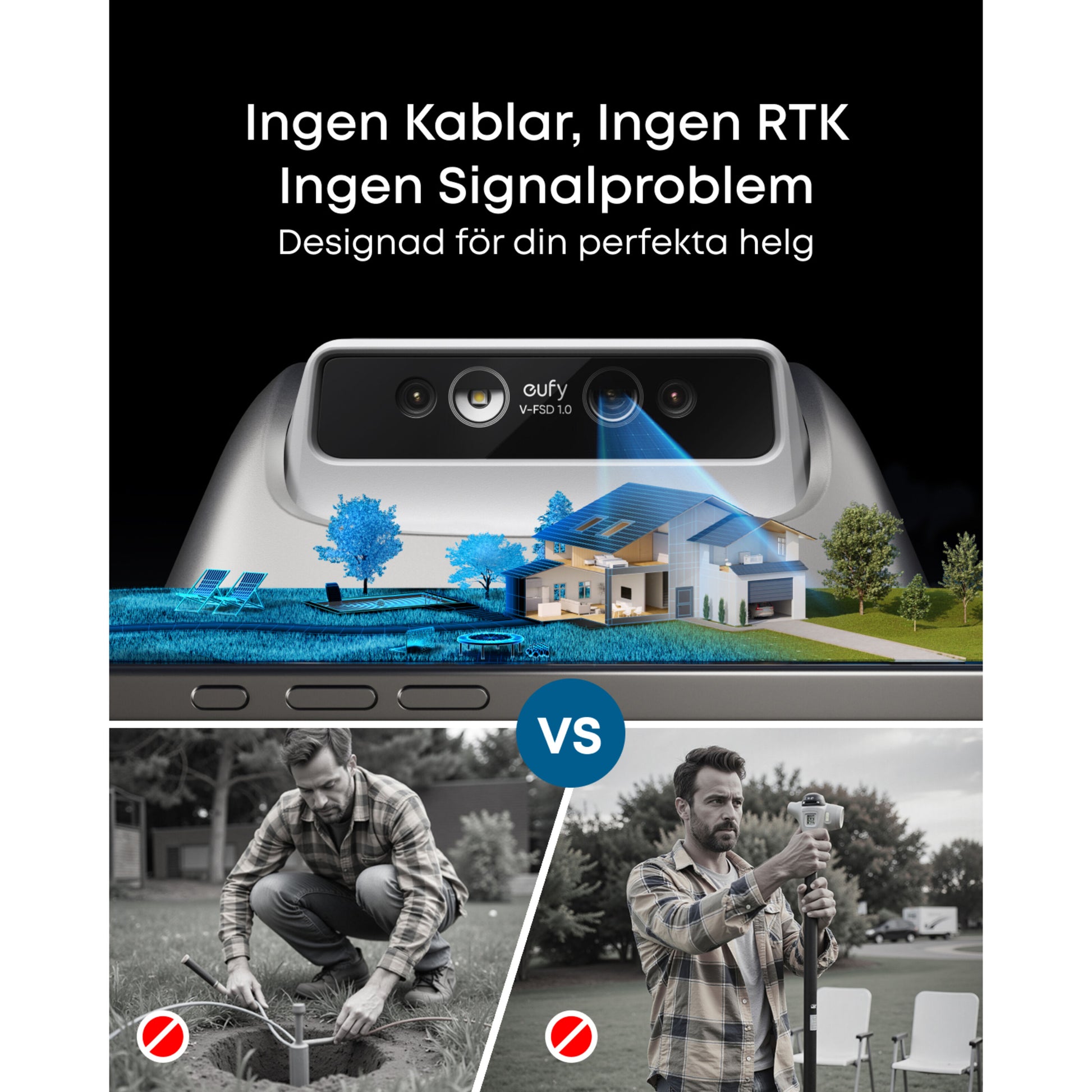 Eufy E15 robotplæneklipper grå trådløs uden kanttråd ingen kabler, RTK eller signalproblemer.