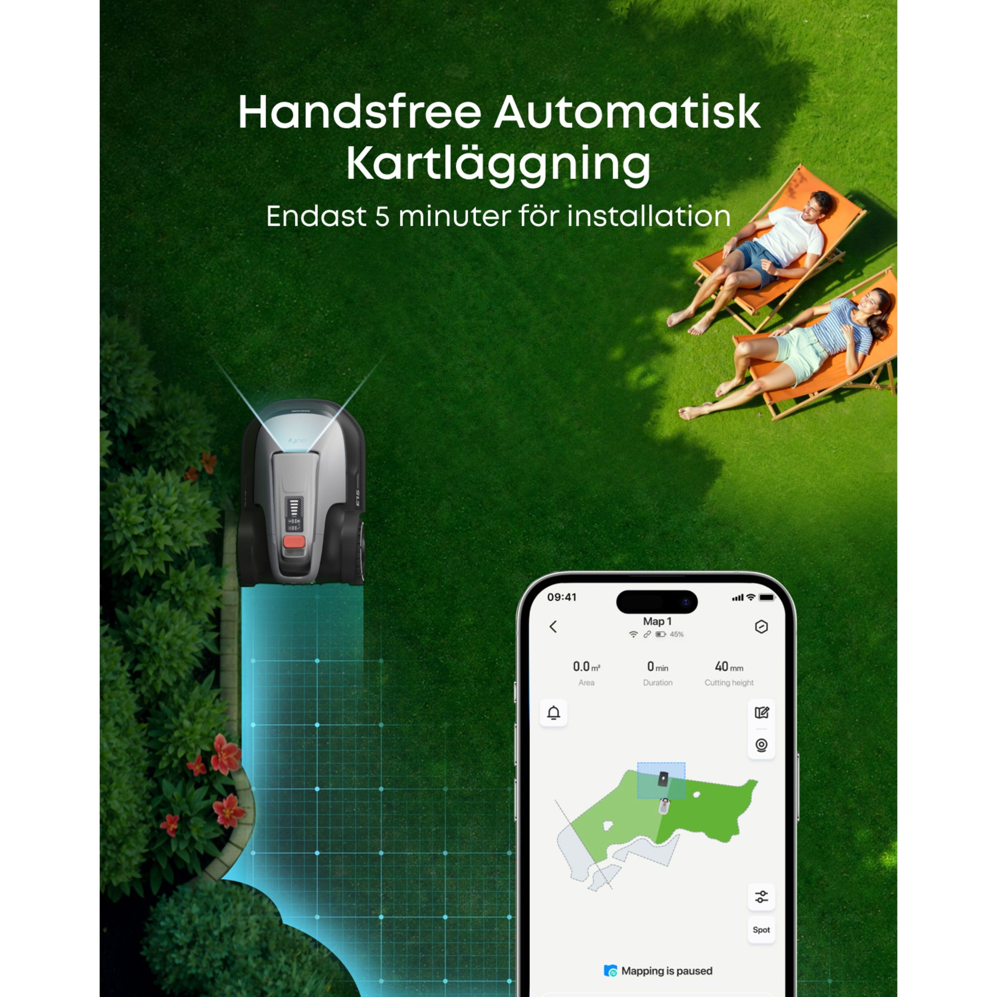 Eufy E15 robotplæneklipper grå, automatisk kortlægning på 5 min via app, svensk tekst: Handsfree Automatiskt Kartläggning.