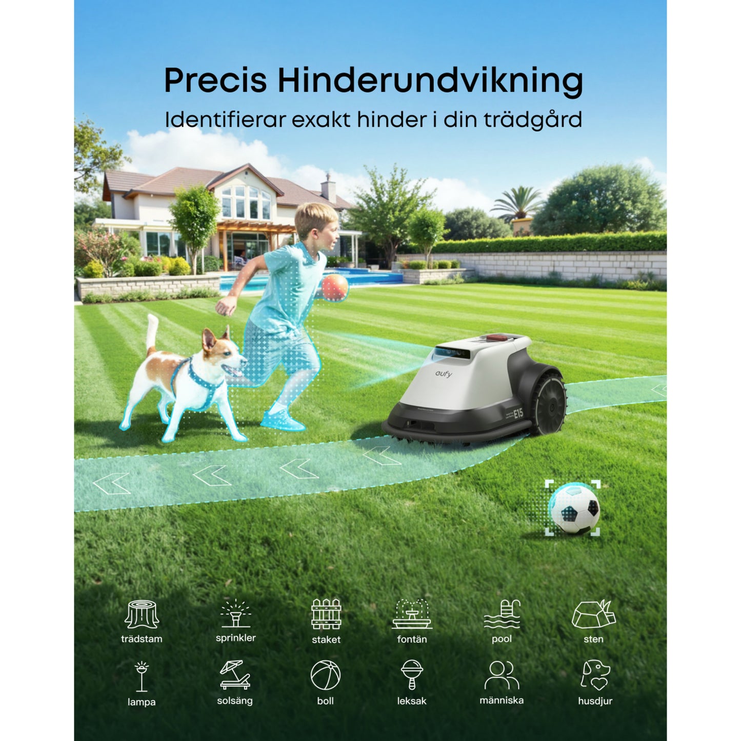 Eufy E15 robotplæneklipper med AI, genkender træer, sprinklere, legetøj, mennesker og kæledyr i haven.