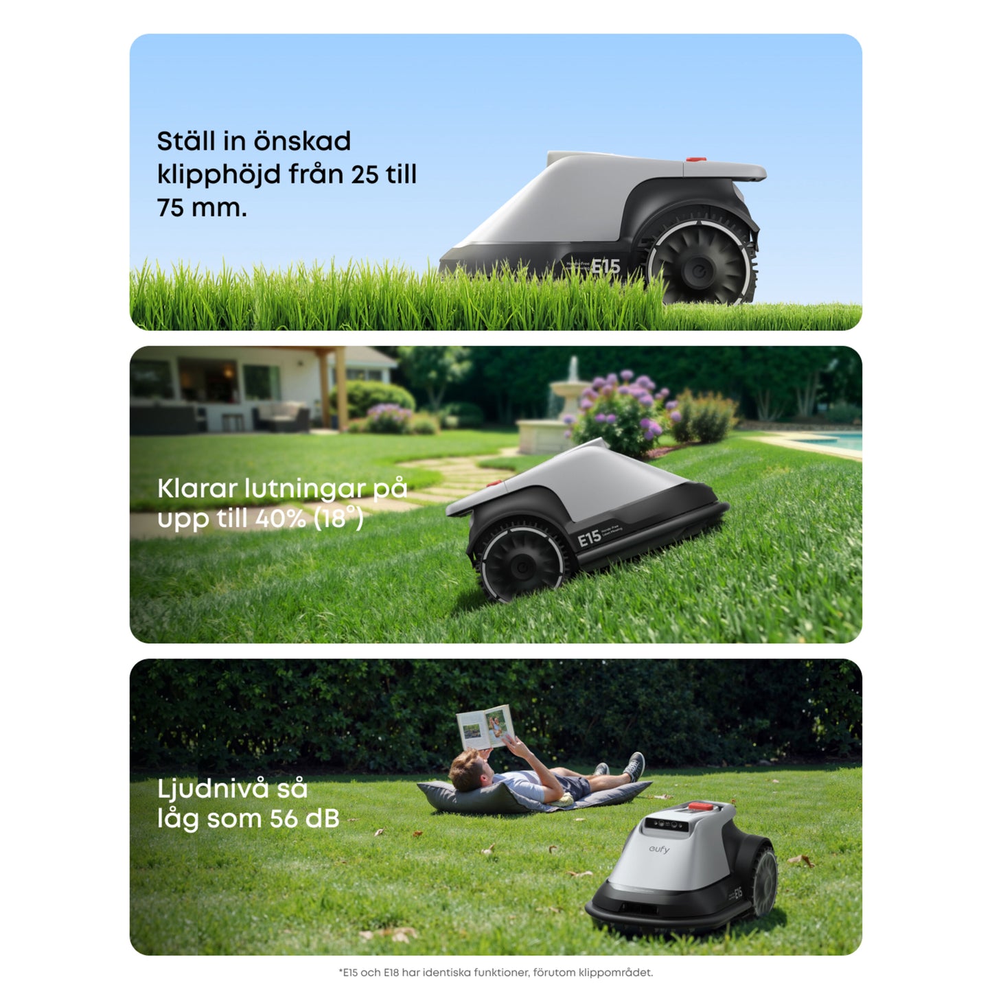 Eufy E15 robotplæneklipper grå klipper græs, justerbar klippehøjde, kører på skråning, stille drift nær afslappet person.