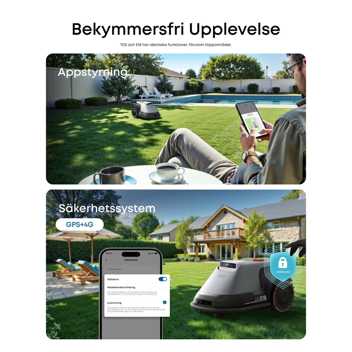 Eufy E15 Robotplæneklipper grå styres via smartphone med sikkerhedsindstillinger vist på skærmen, svensk tekst synlig.