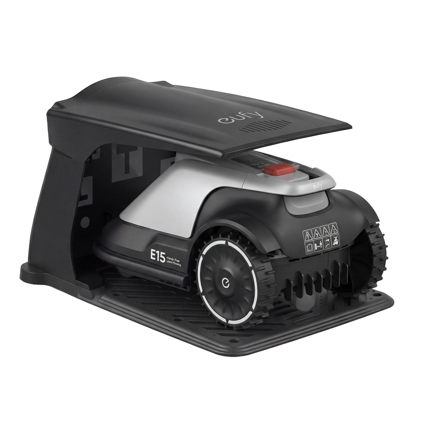 Eufy E15 robotplæneklipper grå til store haver i sort/grå ladestation med delvist åben tag.