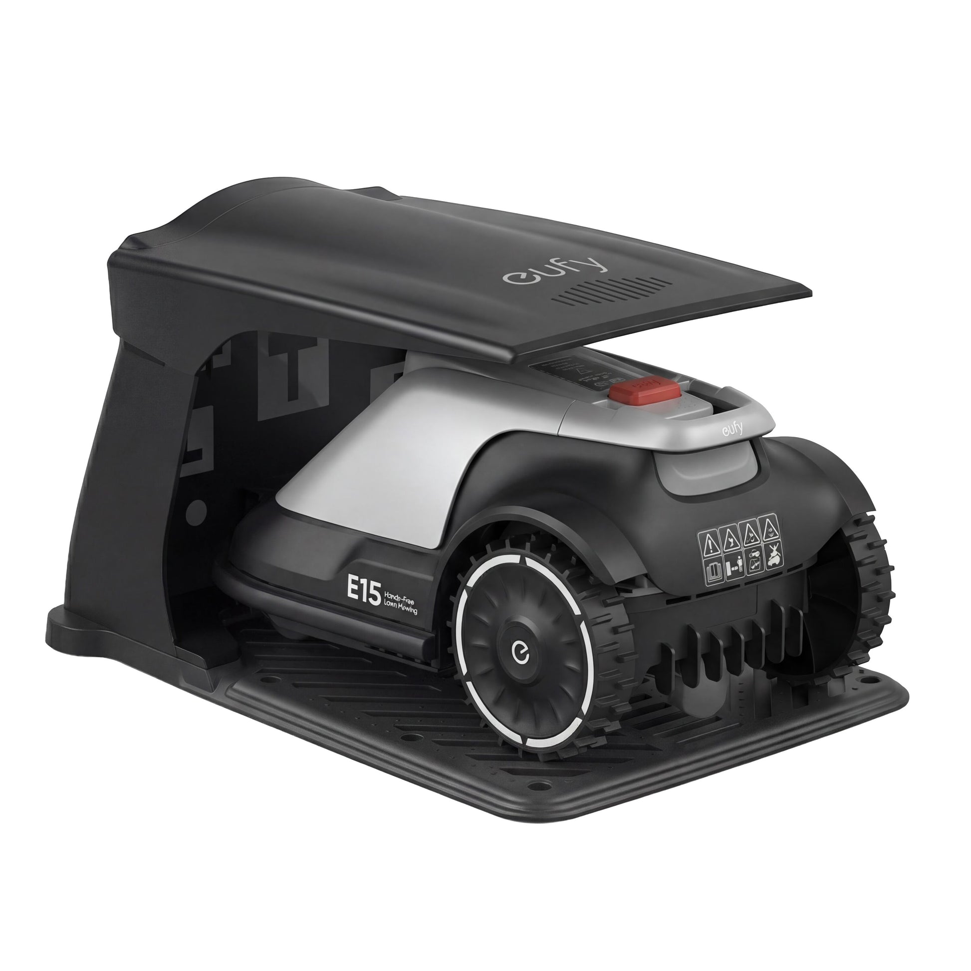 Eufy E15 robotplæneklipper grå til store haver i sort/grå ladestation med delvist åben tag.