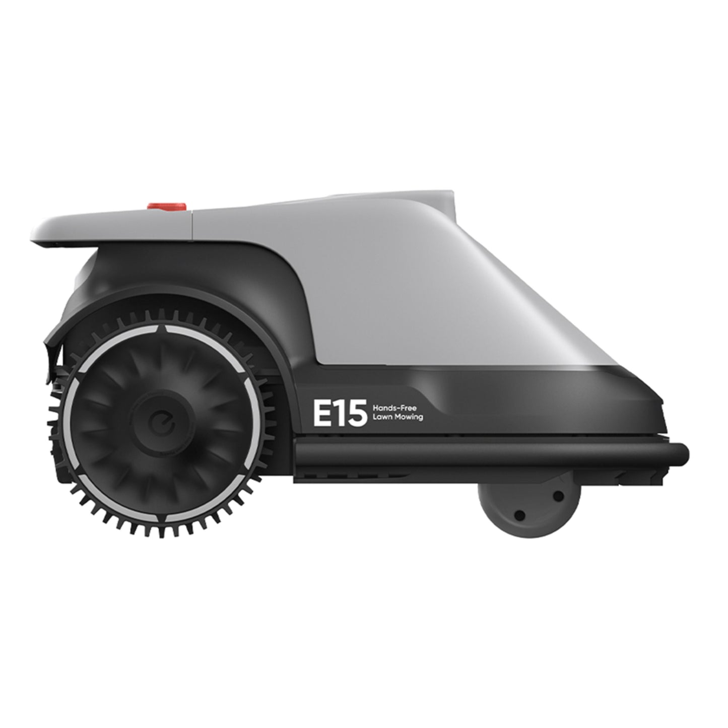 Eufy E15 robotplæneklipper grå, AI, kompakt design, sort/grå kabinet, stor mønstret baghjul og lille forhjul set fra siden.