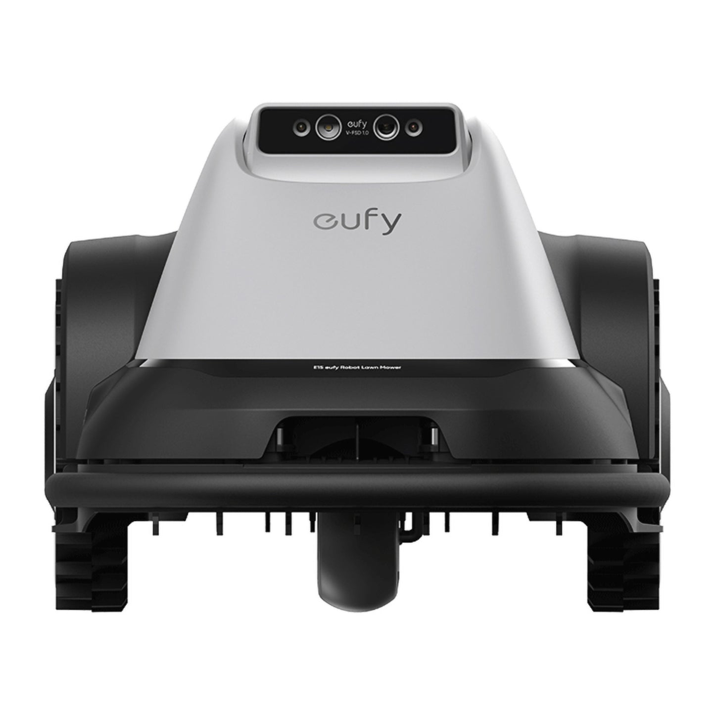 Eufy E15 robotplæneklipper grå forfra med sorte detaljer, to top-sensorer og brede gummi-tankbånd.