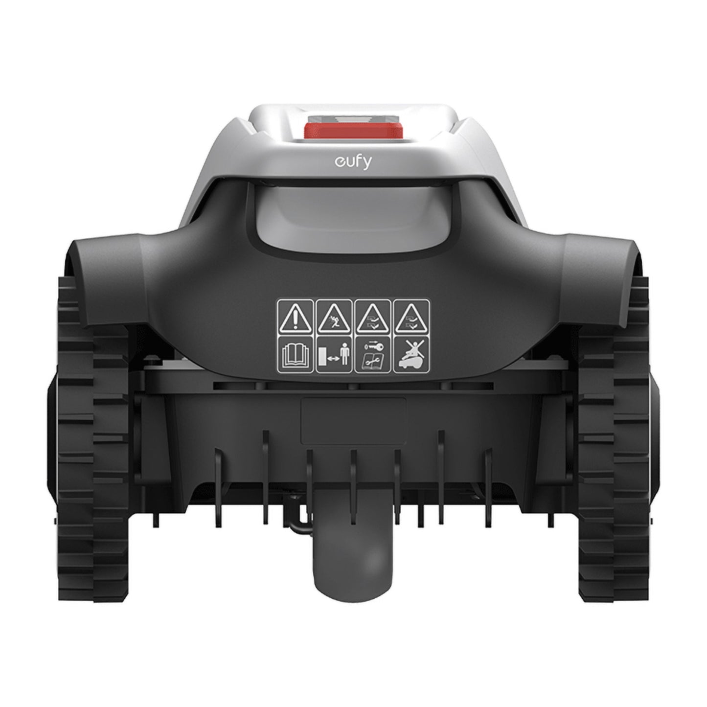 Eufy E15 robotplæneklipper grå front, bælter, sikkerhedsikoner synlige på frontpanel.