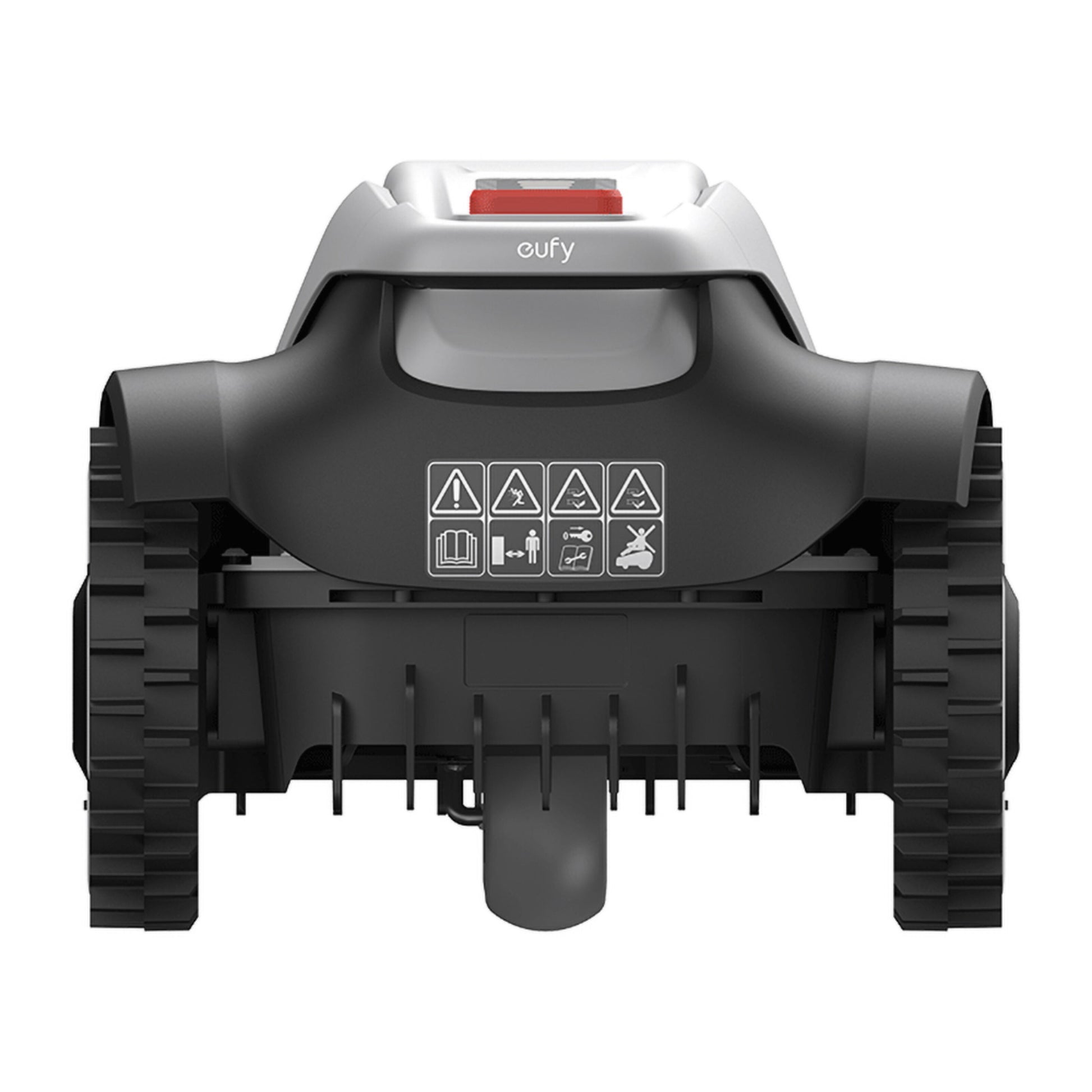Eufy E15 robotplæneklipper grå front, bælter, sikkerhedsikoner synlige på frontpanel.