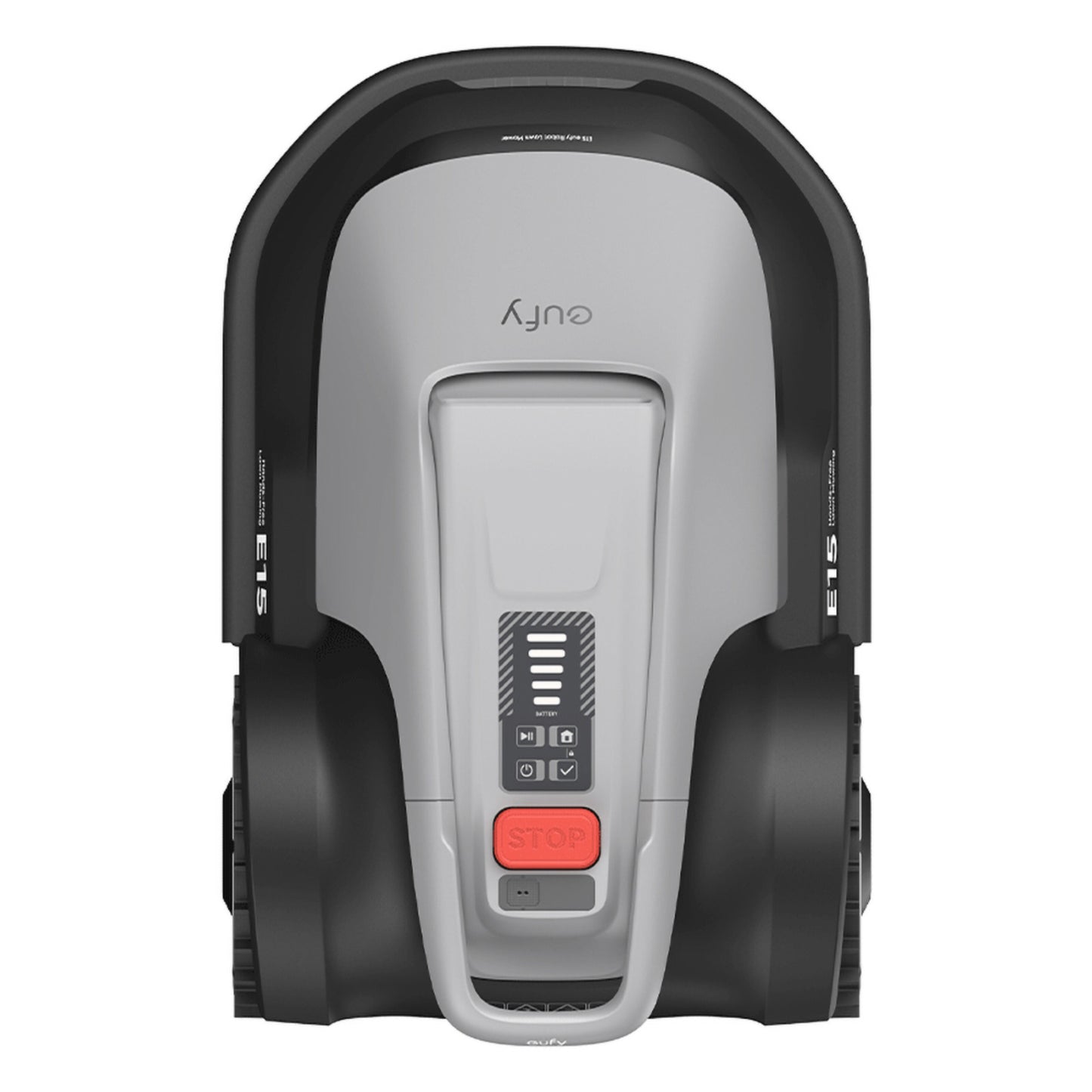 Eufy E15 robotplæneklipper grå/sort topvisning med rød STOP-knap, kontrolindikatorer og Eufy-logo på toppen.