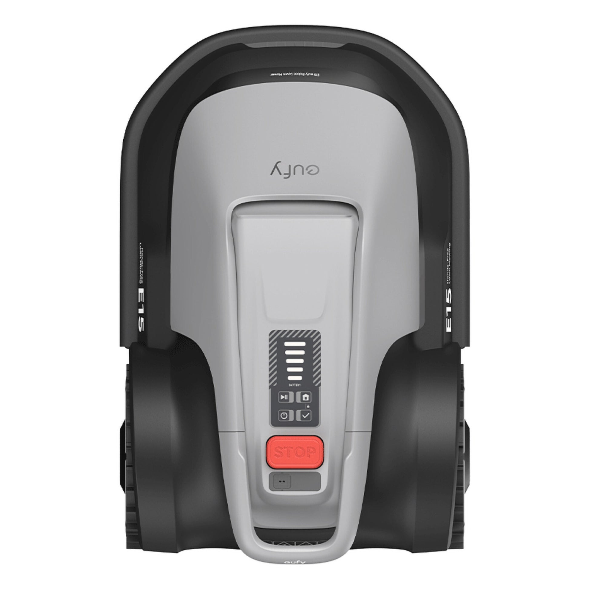 Eufy E15 robotplæneklipper grå/sort topvisning med rød STOP-knap, kontrolindikatorer og Eufy-logo på toppen.