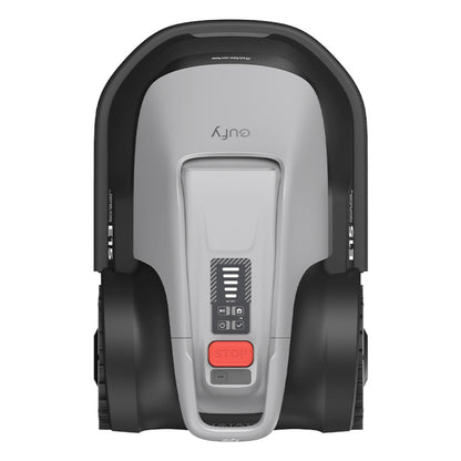 Eufy E15 robotplæneklipper grå/sort topvisning med rød STOP-knap, kontrolindikatorer og Eufy-logo på toppen.