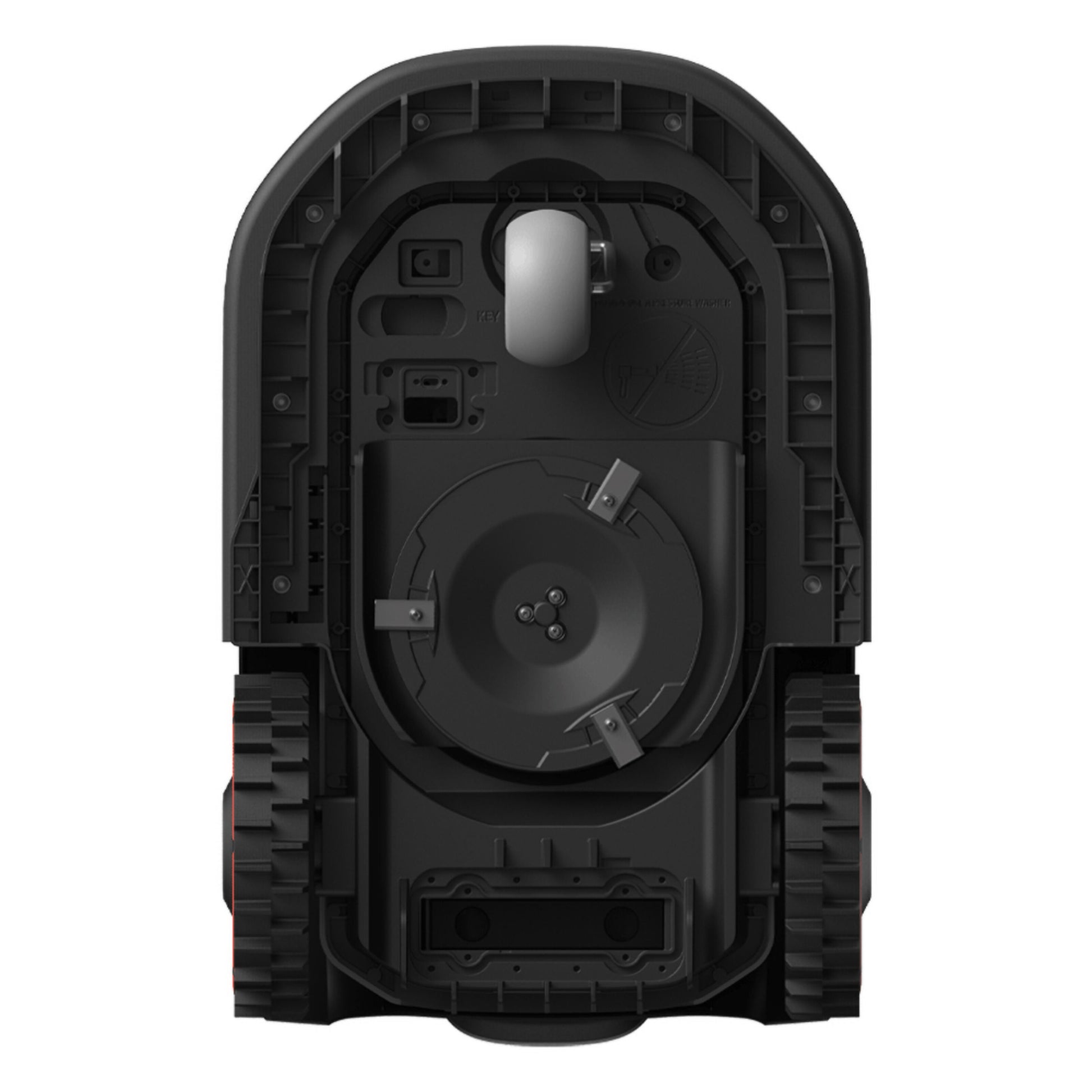 Eufy E15 robotplæneklipper grå set oppefra med synlige hjul, central cirkel og flere porte.