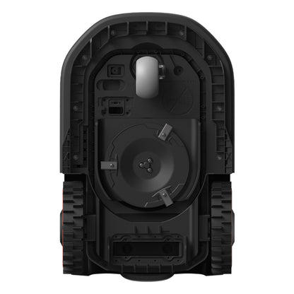 Eufy E15 robotplæneklipper grå set oppefra med synlige hjul, central cirkel og flere porte.