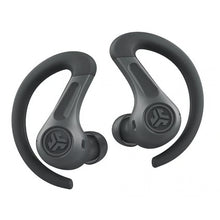JLab JBuds Sport ANC 4 – sorte sportshovedtelefoner med støjreduktion, fleksible ørekroge og et rundt logo på ørepropperne.