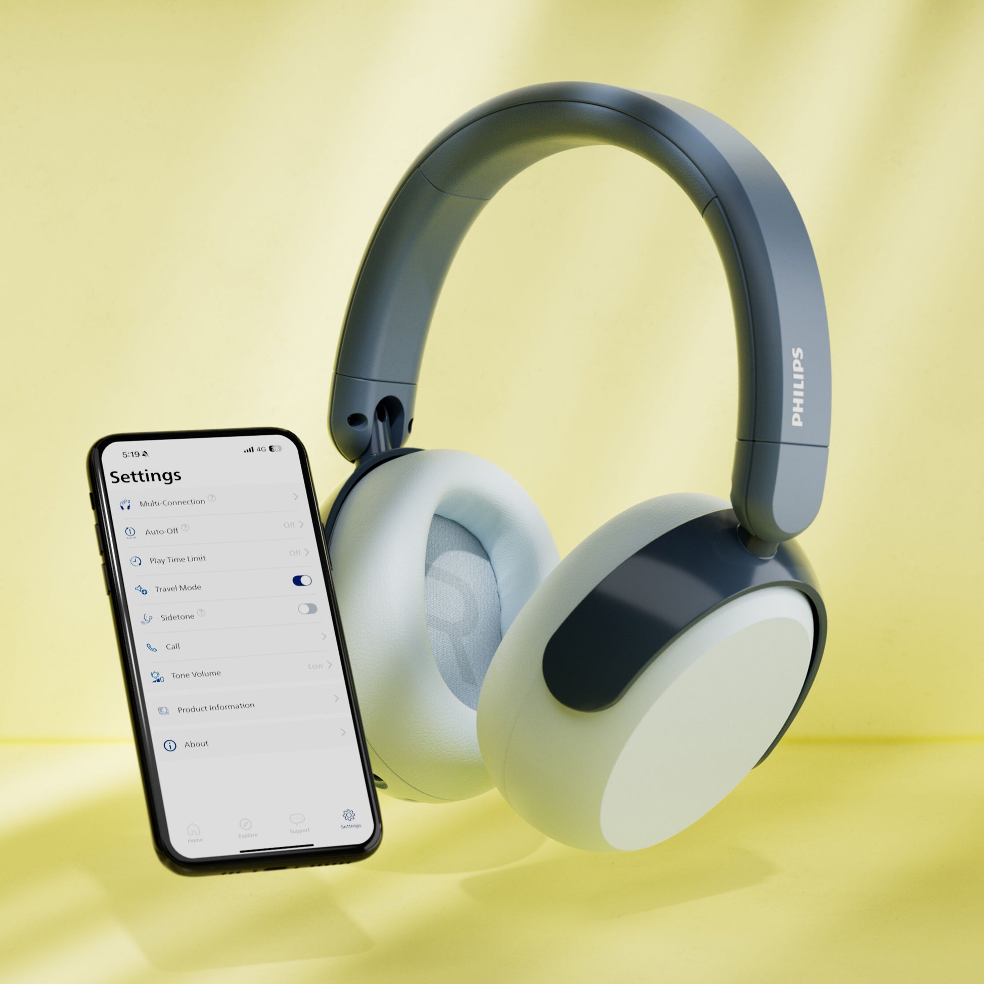 Philips 5000-serien trådløse over-ear børnehøretelefoner blå ved smartphone med Bluetooth og volumenbegrænsning visning.