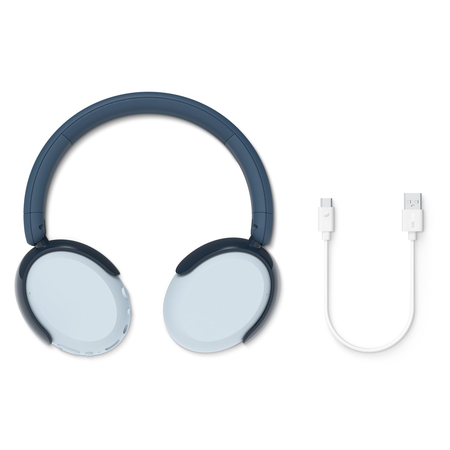 Philips 5000-serien trådløse blå over-ear børnehøretelefoner med volumenbegrænsning og hvidt USB-A til micro-USB kabel.