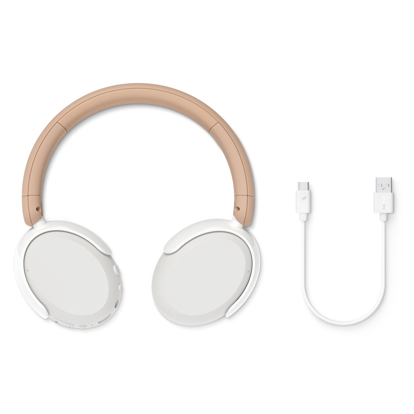 Philips trådløse over-ear hovedtelefoner til børn med støjreduktion, beige og hvide ørekopper, inkl. hvidt USB-ladekabel.