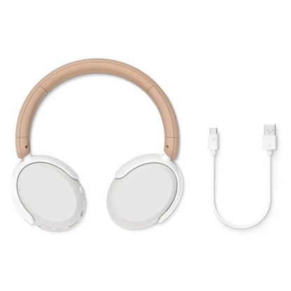 Philips trådløse over-ear hovedtelefoner til børn med støjreduktion, beige og hvide ørekopper, inkl. hvidt USB-ladekabel.