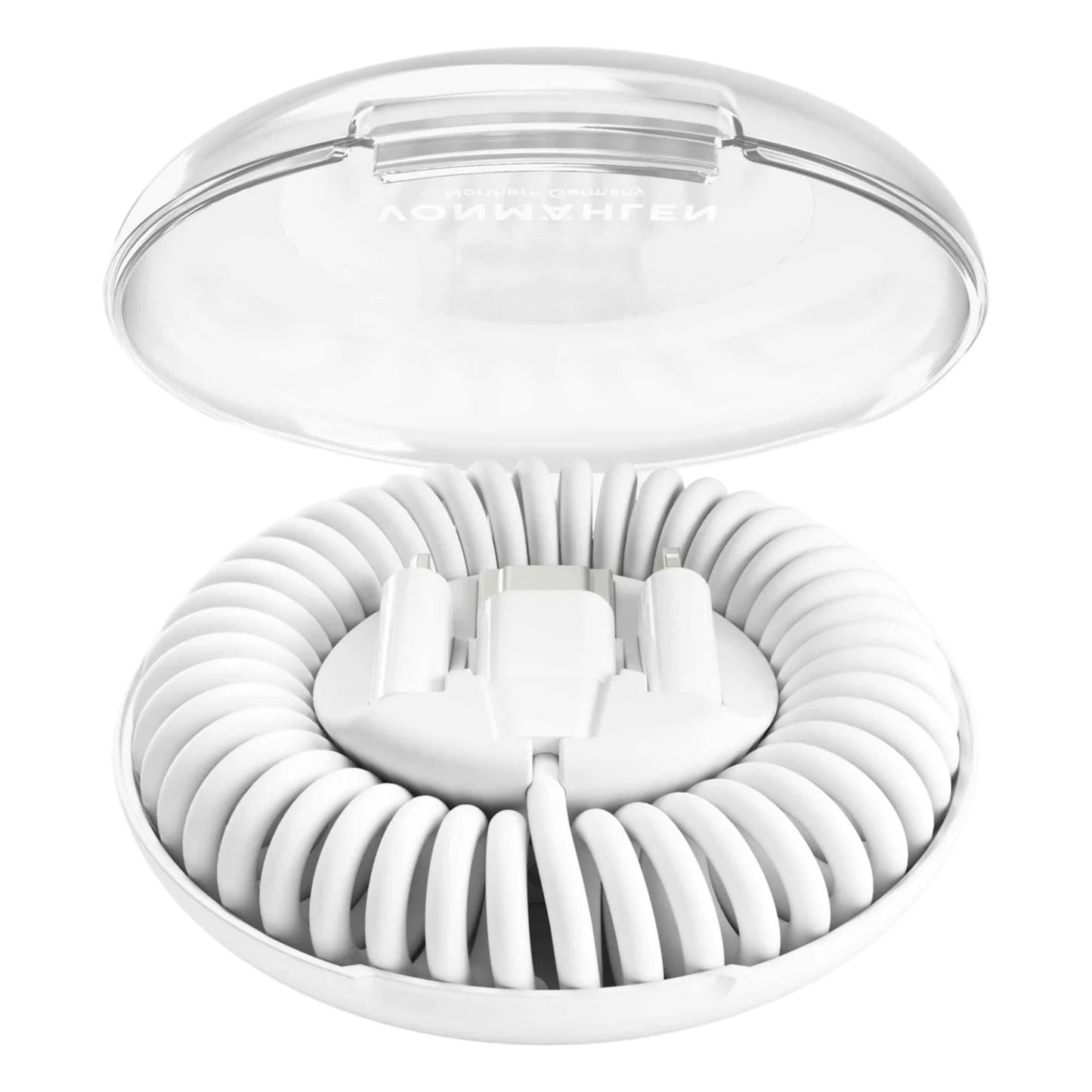 Vonmählen Allroundo Eco 6-i-1 hvid kabel sammenrullet i rundt, gennemsigtigt etui med hængslet låg, lavet af genanvendt materiale.