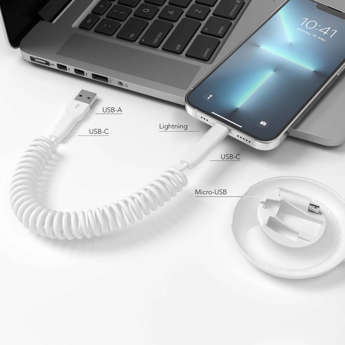 Vælg Allroundo Eco 6-i-1 opladerkabel hvid, USB-A, USB-C, Lightning, Micro-USB stik, genanvendt materiale, rund adapter.
