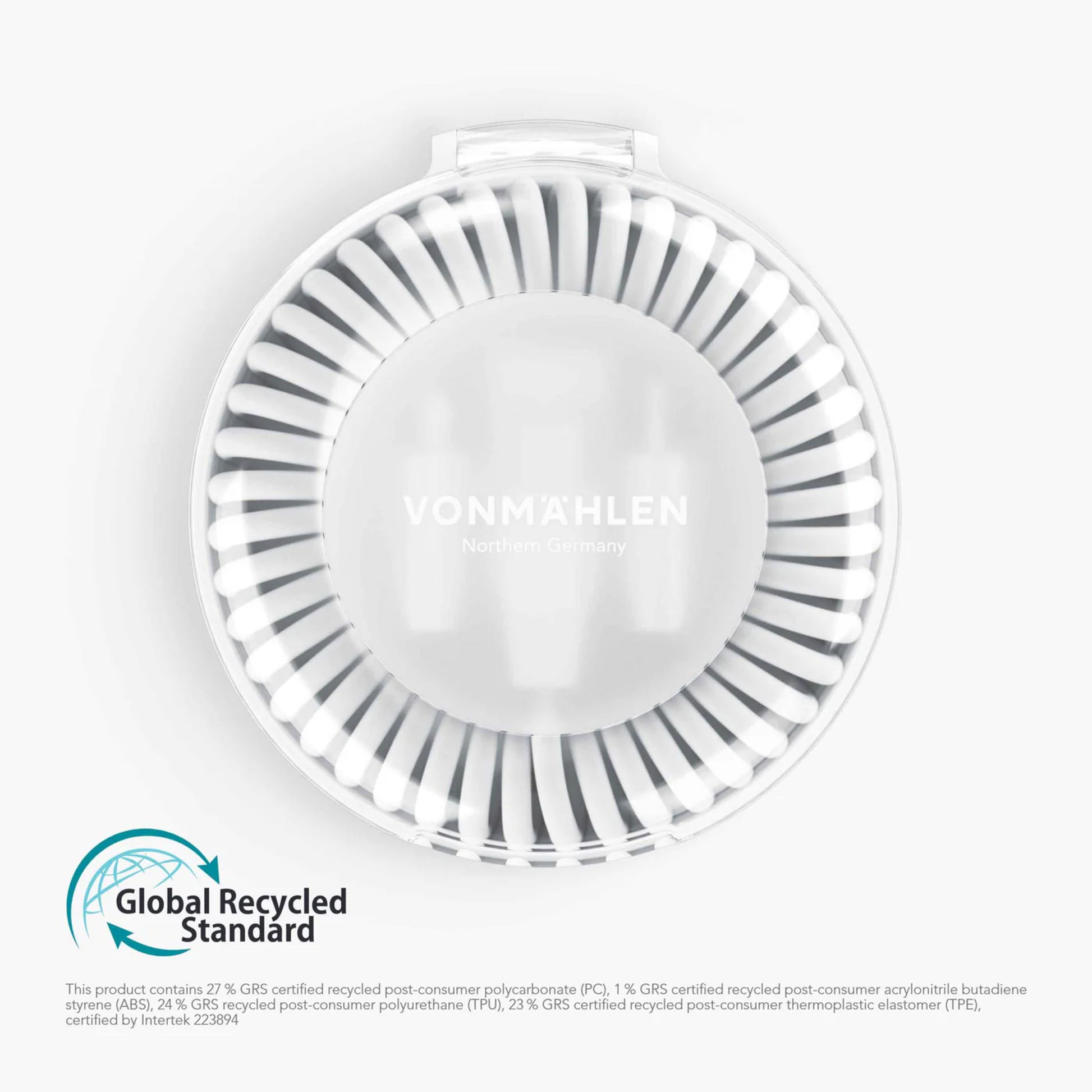Vonmählen Allroundo Eco 6-i-1 opladerkabel hvid i rund klar plastæske over Global Recycled Standard logo med genanvendt materiale.