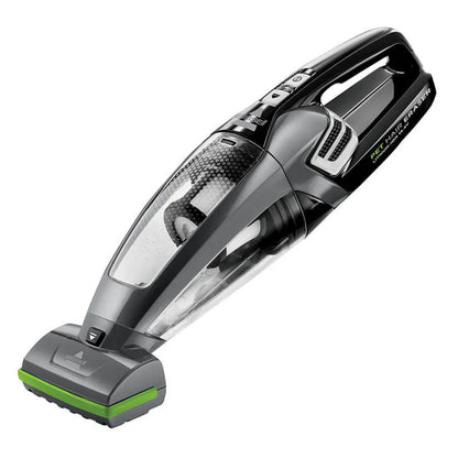 Bissel Pet Hair Eraser håndstøvsuger 14,4V sort/grå med gennemsigtig støvbeholder og grønne detaljer.