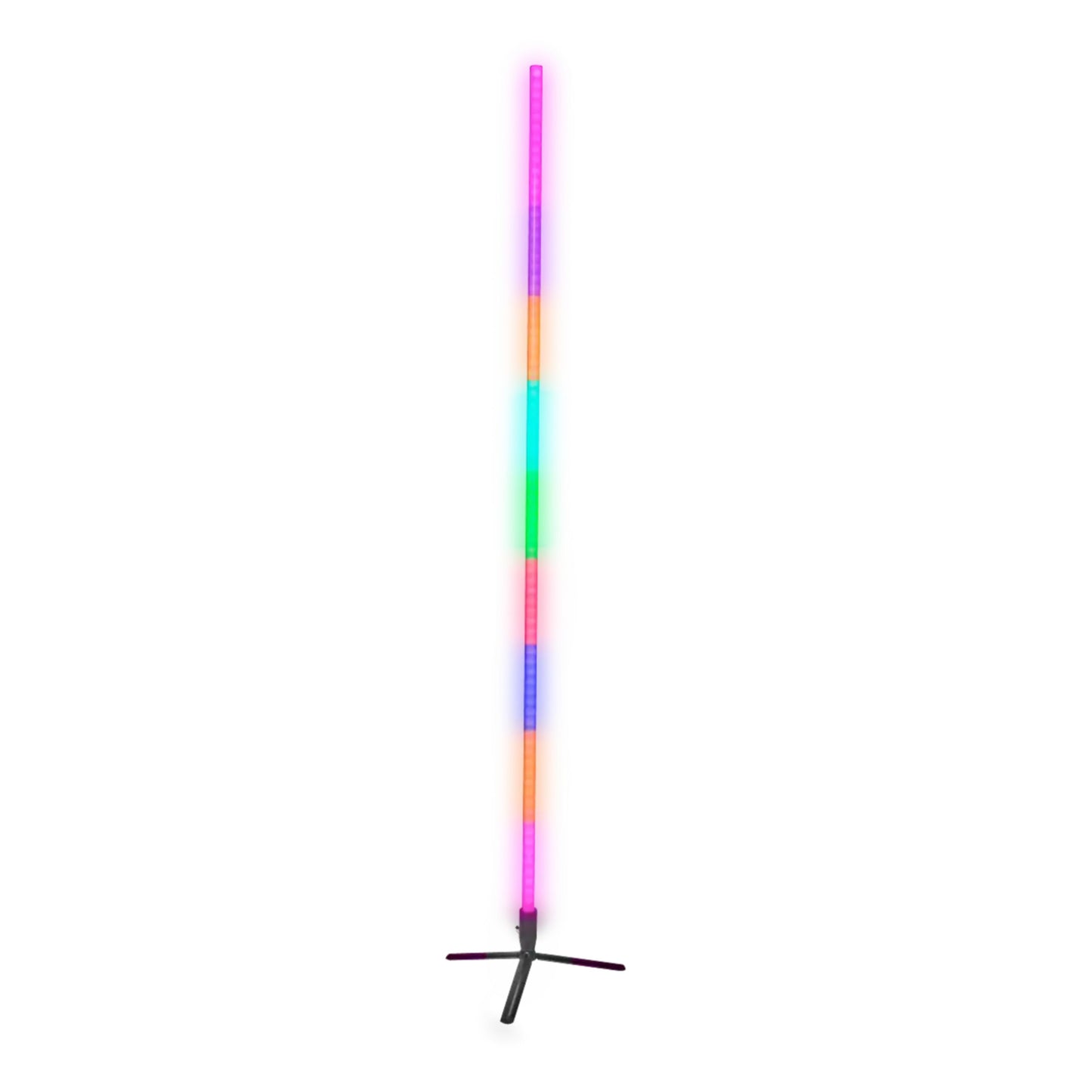 Denver SCL-155 RGB wifi-hjørnelampe, sort slank gulvlampe med flerfarvede LED-segmenter i pink, orange, blå og grøn.