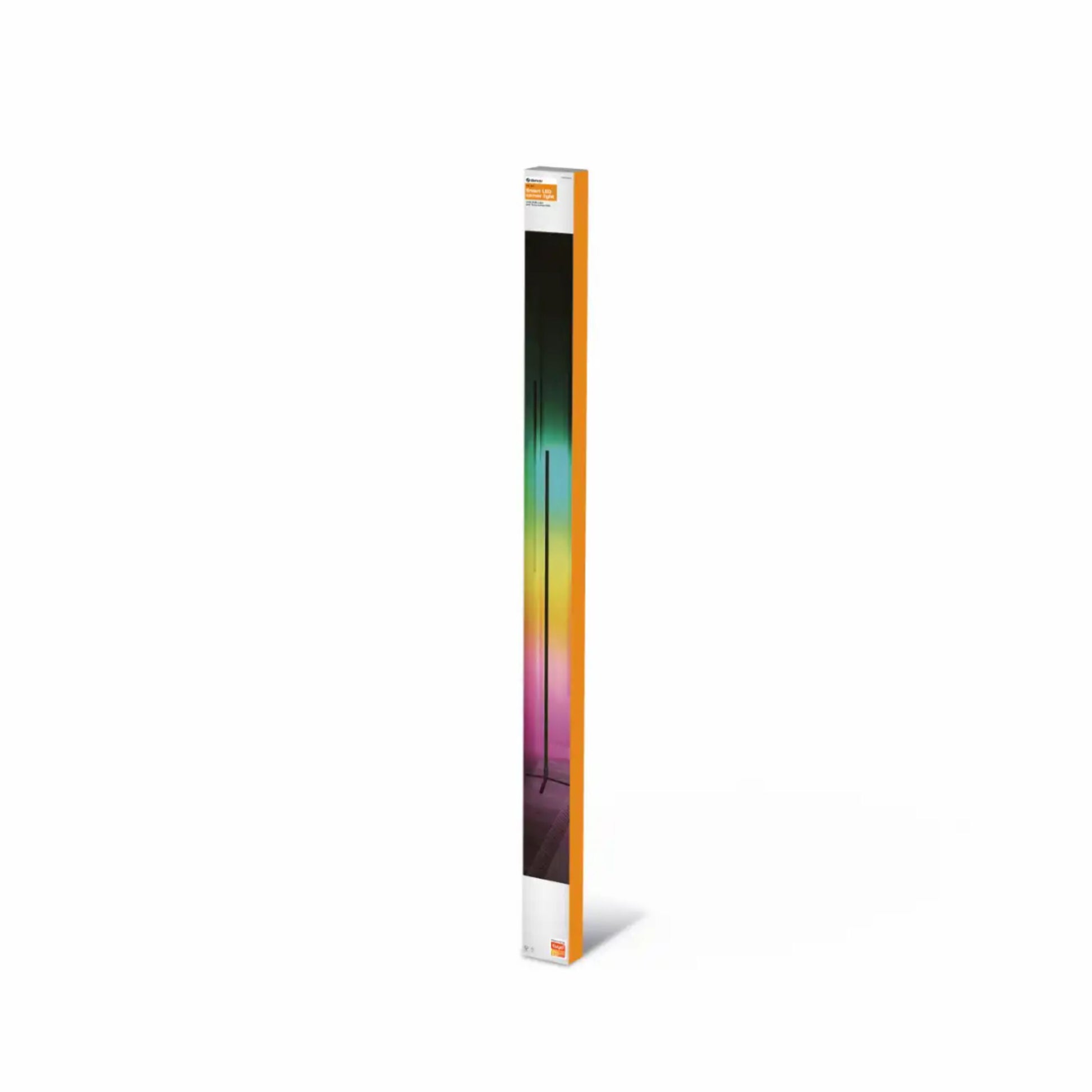 Denver SCL-155 RGB wifi hjørnelampe sort i æske, synlig farvegradientlys, produktnavn og brand på orange/hvid emballage.