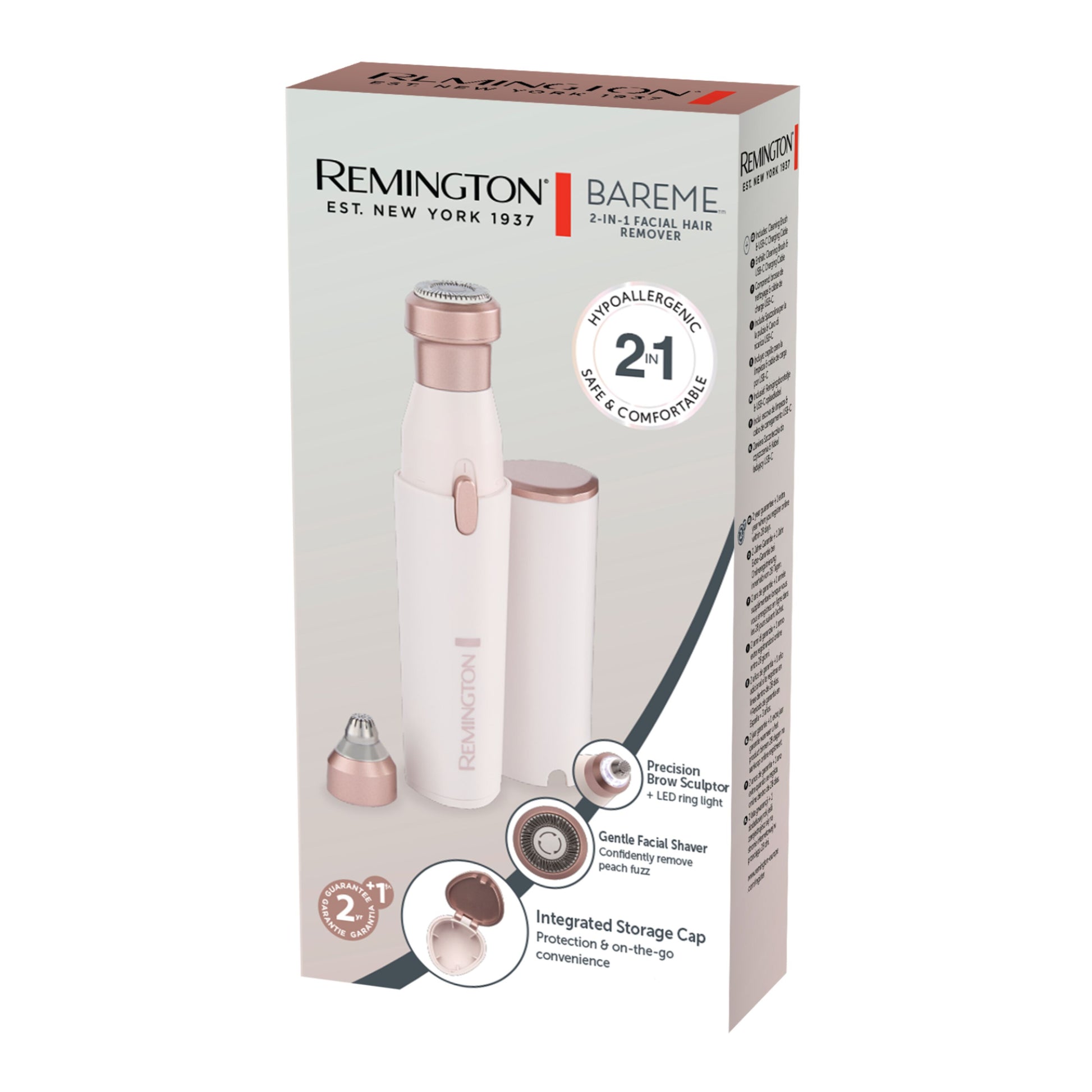 Remington BareMe ansigtshårfjerner 2-i-1 Blush Rose med to hoveder, LED-lys, hypoallergen klinge, beskyttelseslåg.