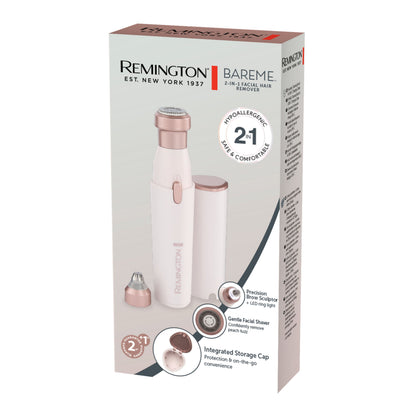 Remington BareMe ansigtshårfjerner 2-i-1 Blush Rose med to hoveder, LED-lys, hypoallergen klinge, beskyttelseslåg.