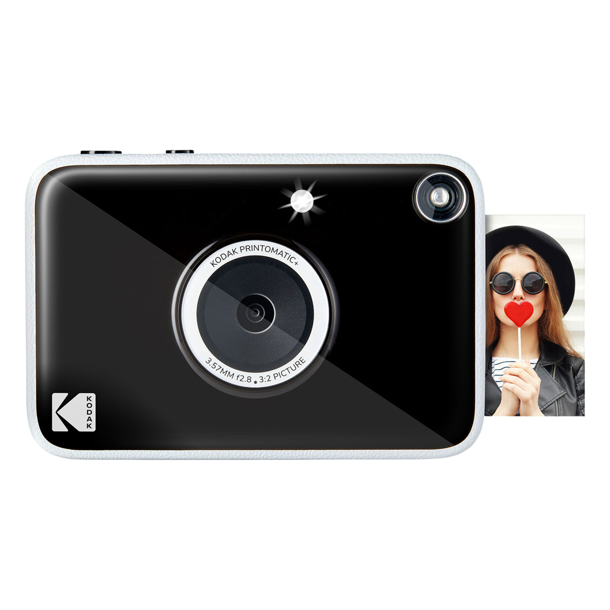 Kodak Printomatic+ øjeblikskamera i sort-hvid, 10 MP, centreret linse og fotoudskrivning fra siden.