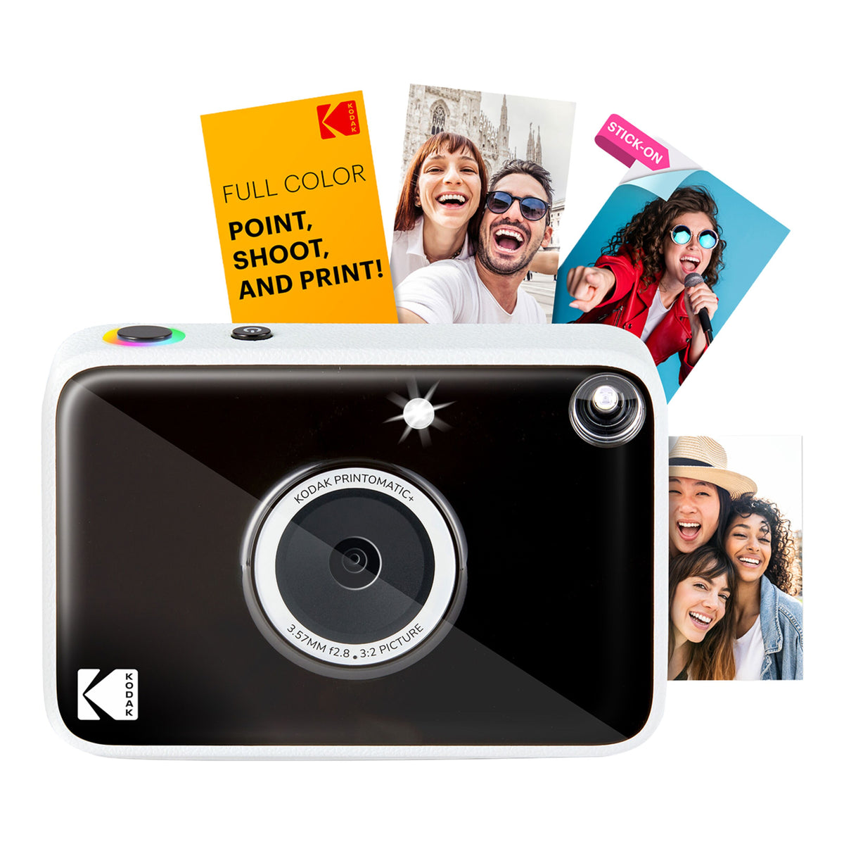 Kodak Printomatic+ øjeblikskamera, 10 MP, sort front, linse, blitz og tre ZINK-fotos.